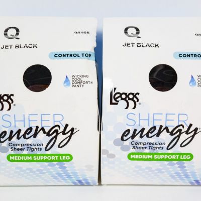 2 L'eggs Sheer Energy Control Top Wicking Medium Support JET BLACK Pantyhose Q